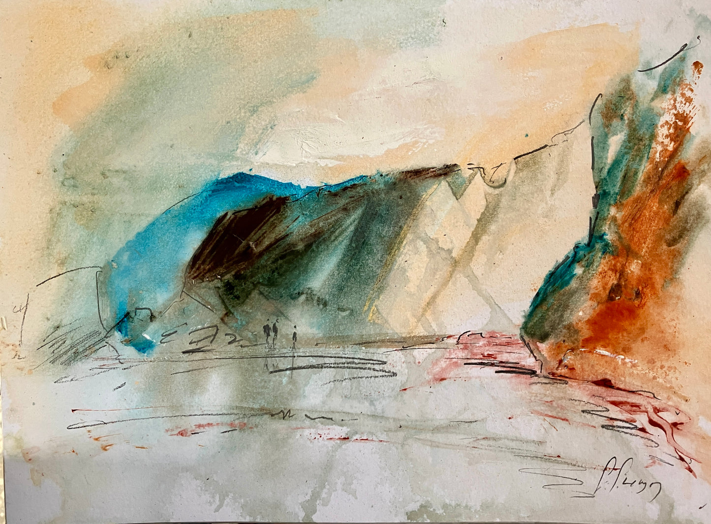Figures Beneath High Cliffs - Original Acrylic Painting by Steve Slimm